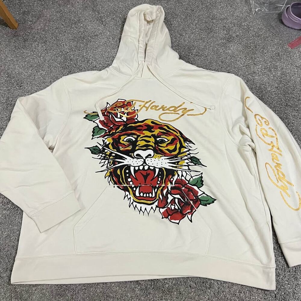 Ed Hardy Men’s Cream Tiger Graphic Hoodie Pullover size 3XL